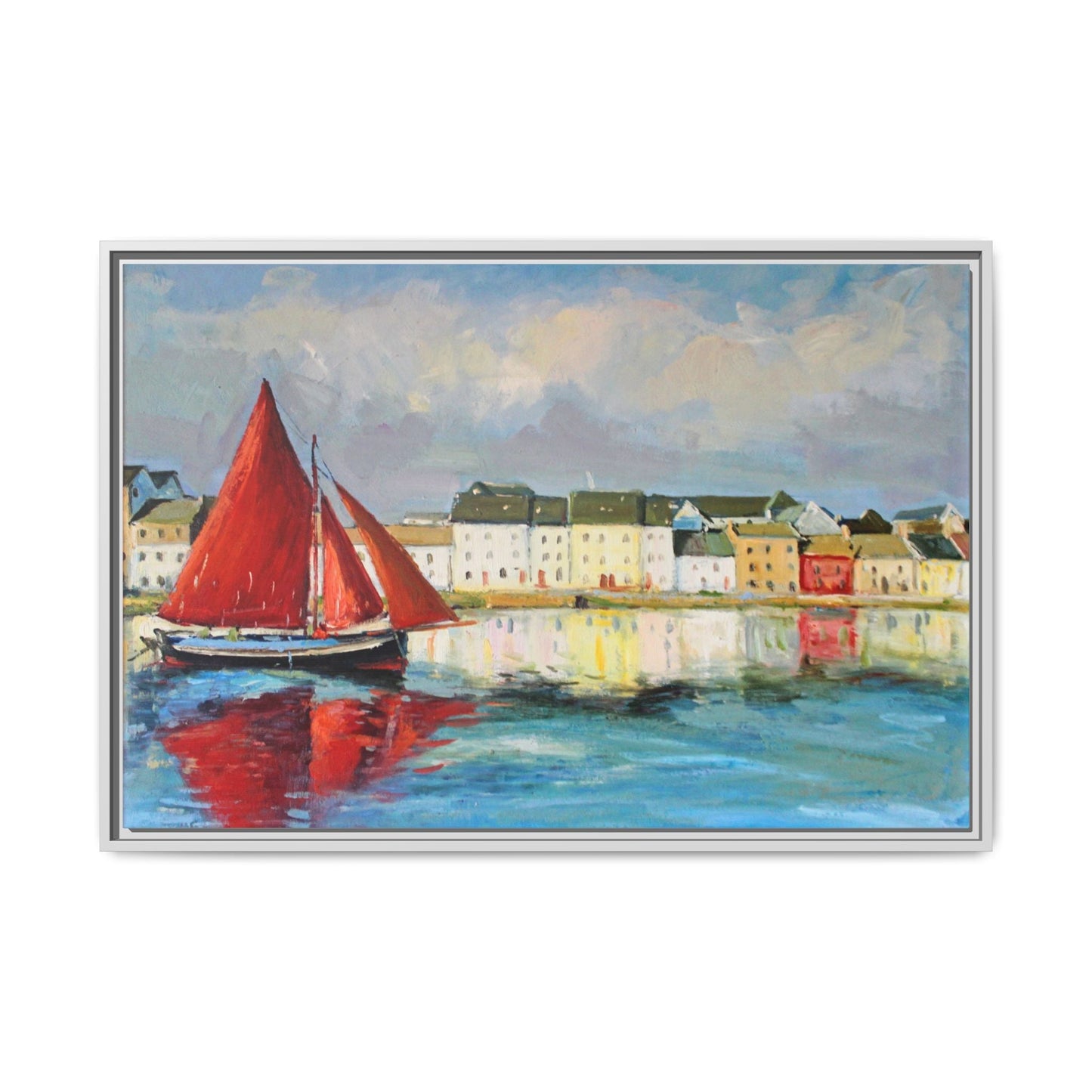 Galway Hooker Leaving Port wall art featuring a Galway Hooker boat sailing in a coastal scene, printed on high-quality canvas with a premium frame.