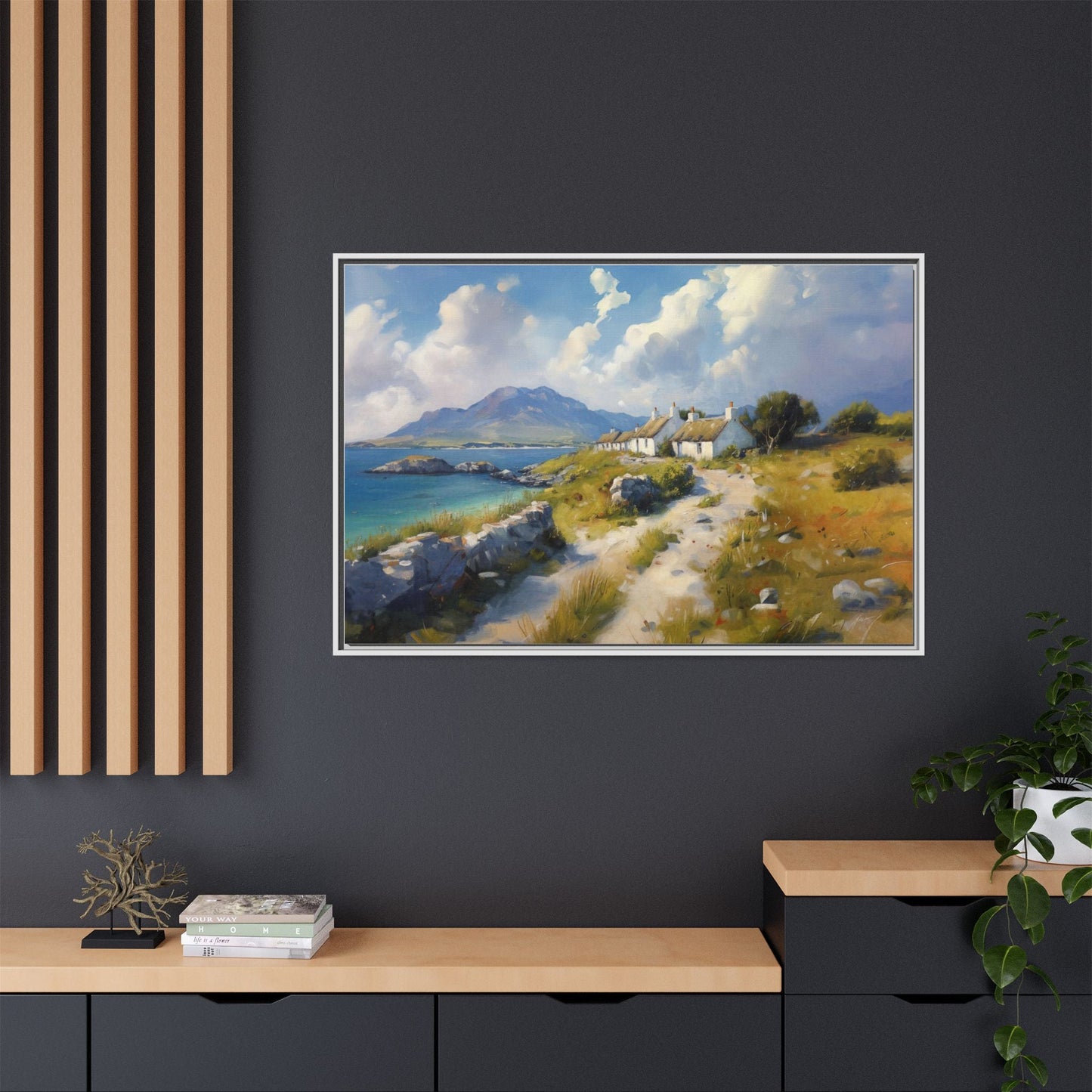 Blustery Day wall art featuring a dramatic wind-swept landscape in a pinewood frame.