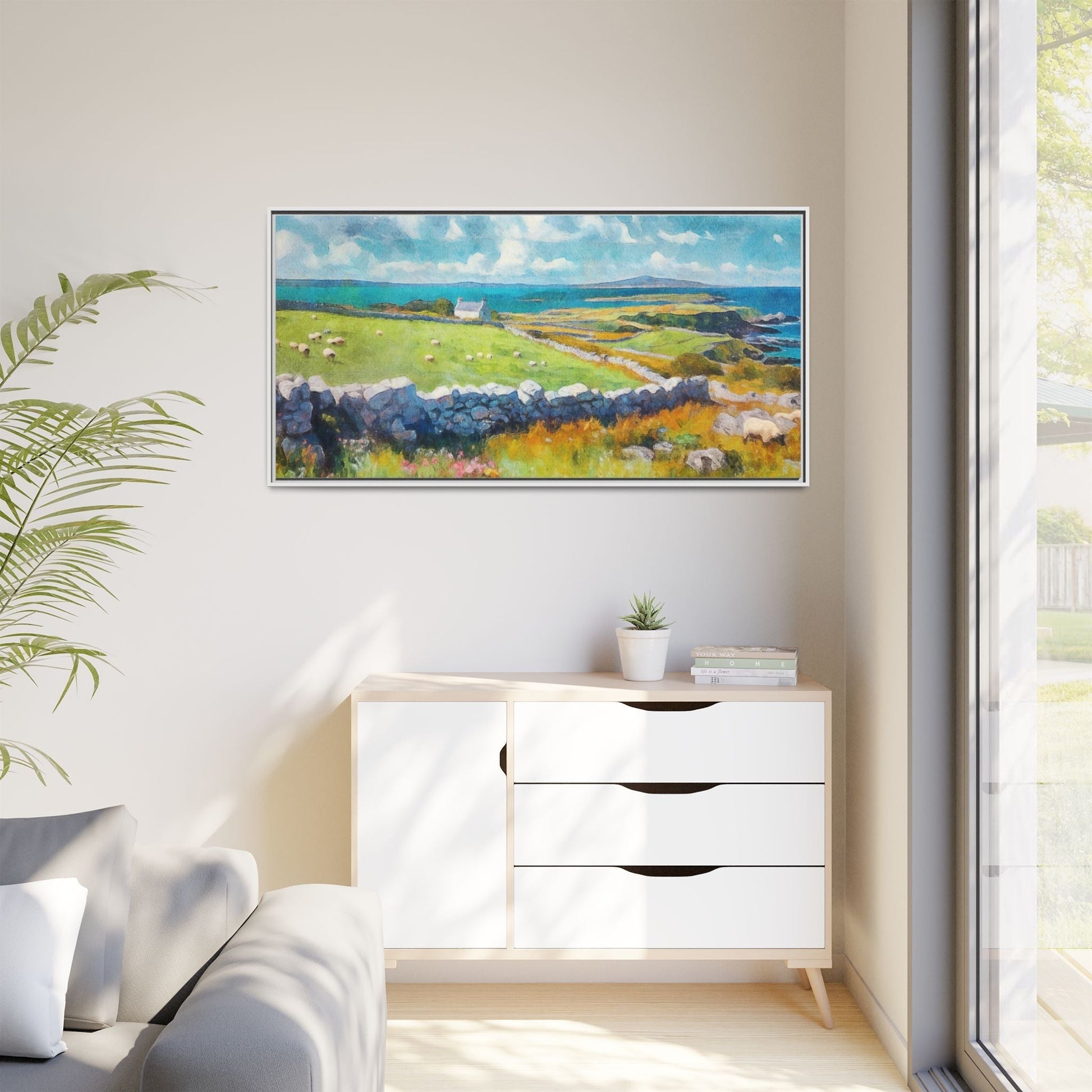 Far Flung Shores W.COL wall art featuring a serene coastal landscape, printed on high-quality canvas with a premium pinewood frame.