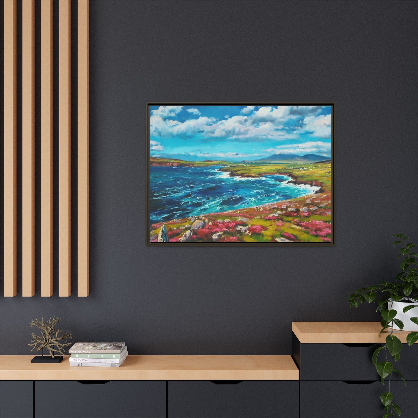 Dingle Peninsula wall art featuring a scenic view of Ireland's rugged coastline, printed on high-quality canvas with a premium frame.