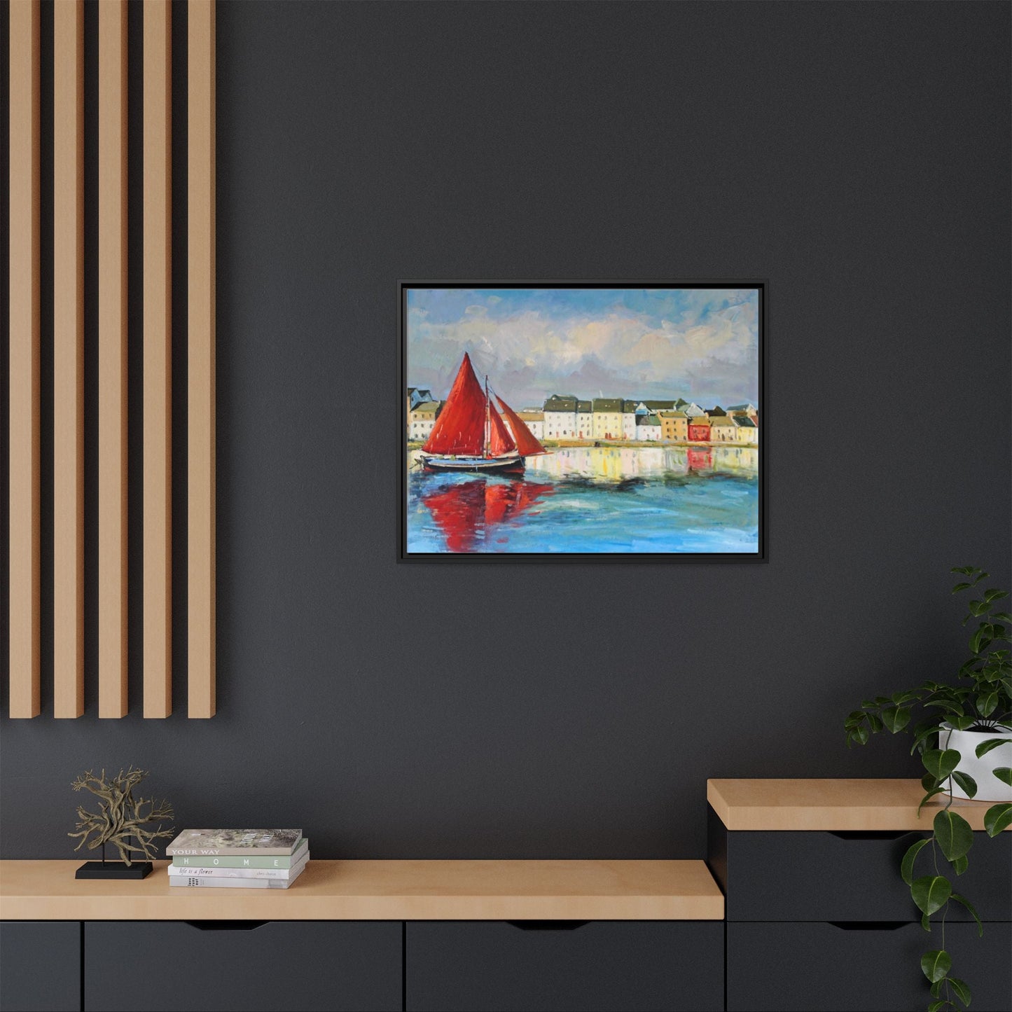 Galway Hooker Leaving Port wall art featuring a Galway Hooker boat sailing in a coastal scene, printed on high-quality canvas with a premium frame.