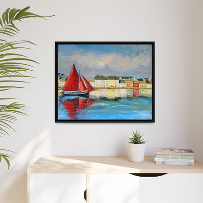 Galway Hooker Leaving Port wall art featuring a Galway Hooker boat sailing in a coastal scene, printed on high-quality canvas with a premium frame.