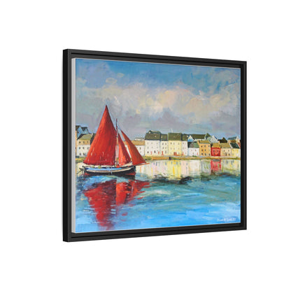 Galway Hooker Leaving Port wall art featuring a Galway Hooker boat sailing in a coastal scene, printed on high-quality canvas with a premium frame.