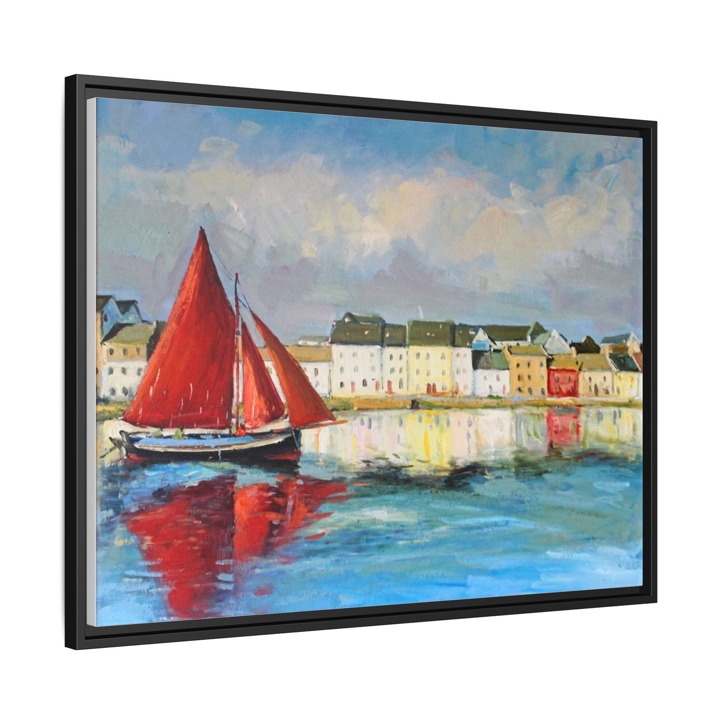 Galway Hooker Leaving Port wall art featuring a Galway Hooker boat sailing in a coastal scene, printed on high-quality canvas with a premium frame.