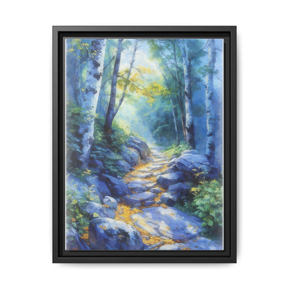 Blue Forest Path II wall art featuring a tranquil forest scene with a serene blue-toned path, printed on high-quality canvas for timeless décor.