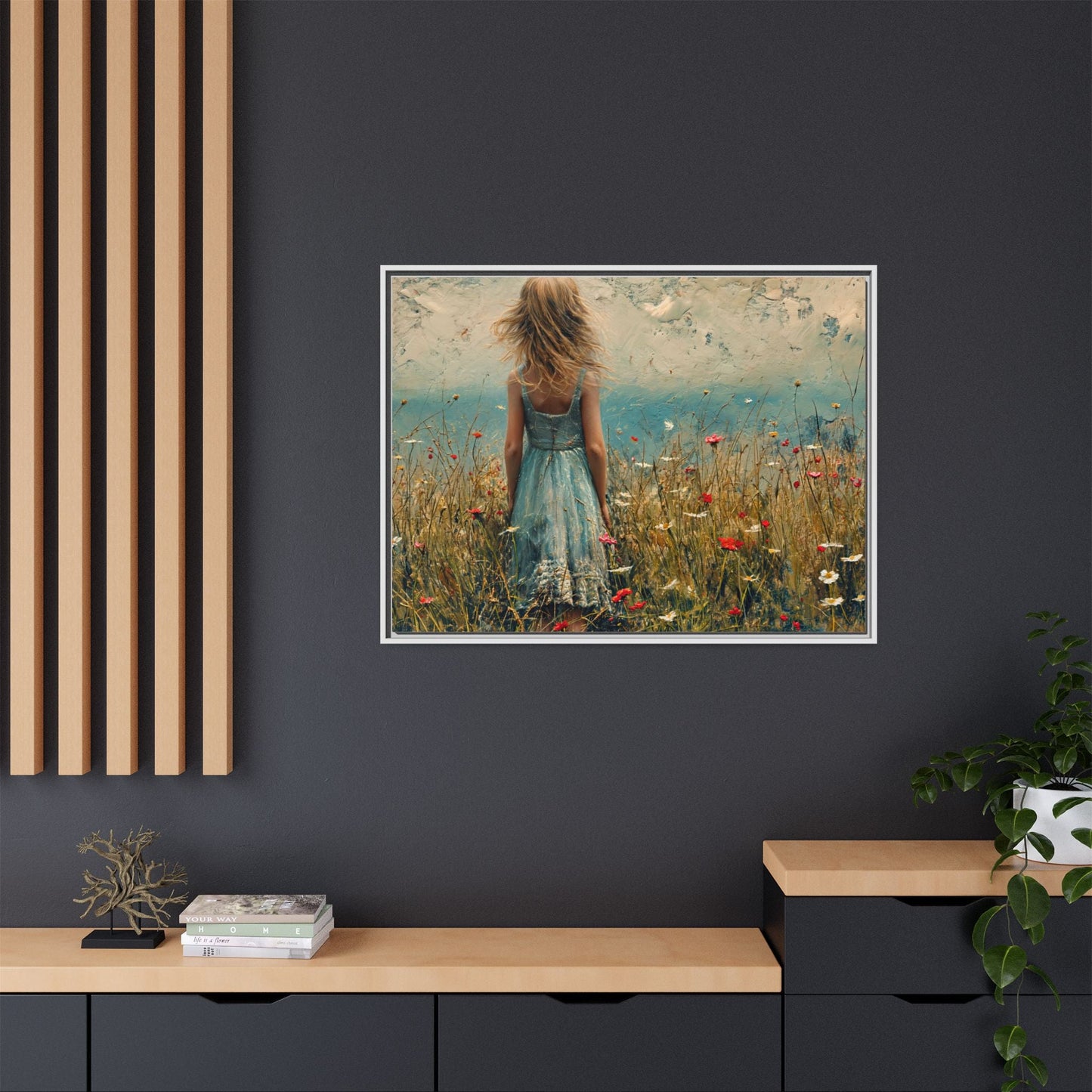 Young Girl Looking Out To Sea wall art, featuring a peaceful ocean view and a young girl in contemplation, printed on high-quality canvas for timeless décor.