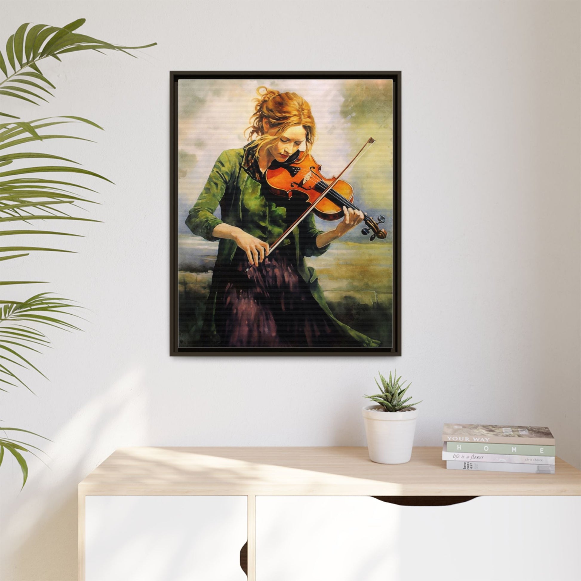 Young Girl with Fiddle wall art featuring a young musician playing the fiddle, printed on high-quality canvas for timeless and elegant décor.