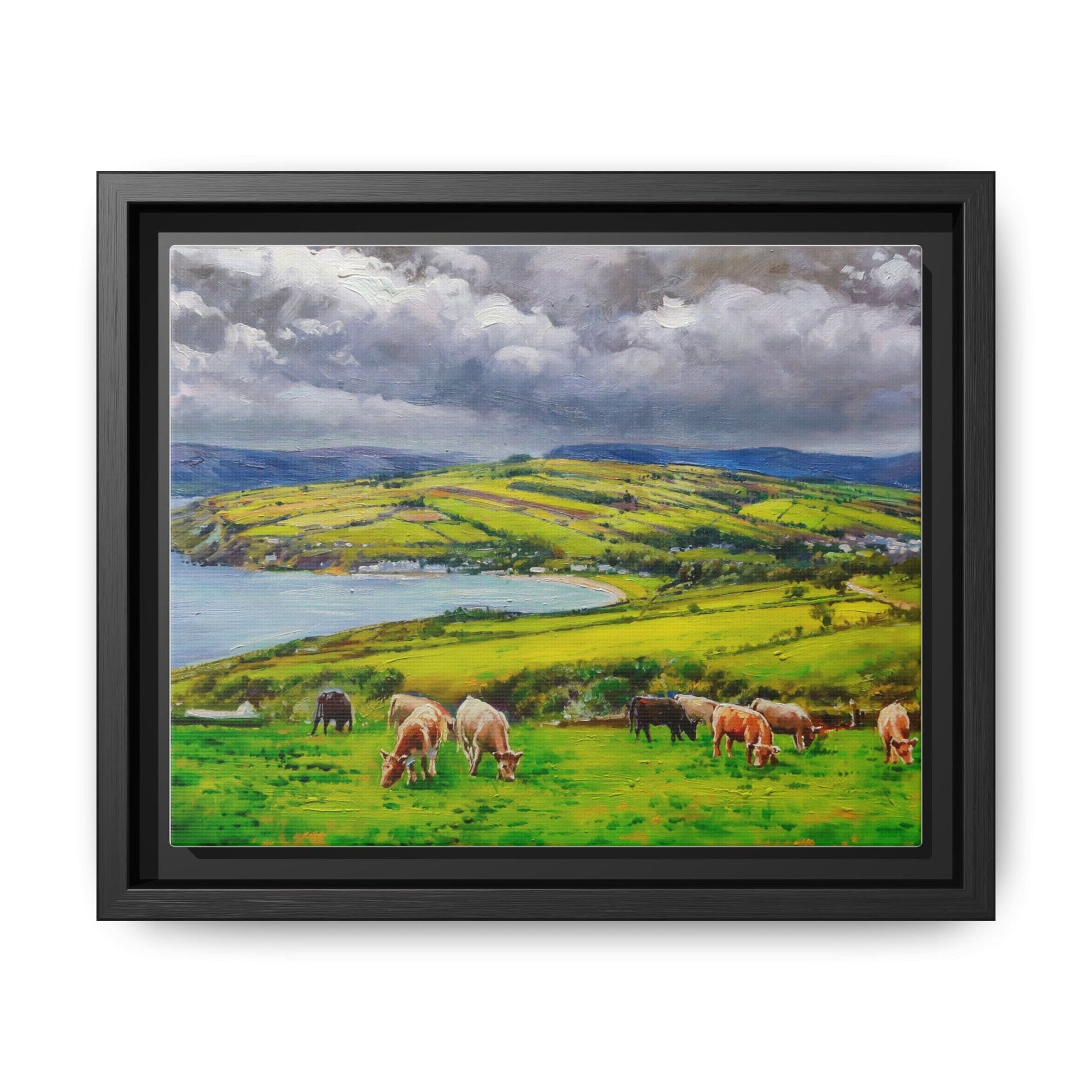 Cushendun Hills wall art showcasing rolling hills and scenic Irish landscapes, framed in high-quality materials for an elegant look.