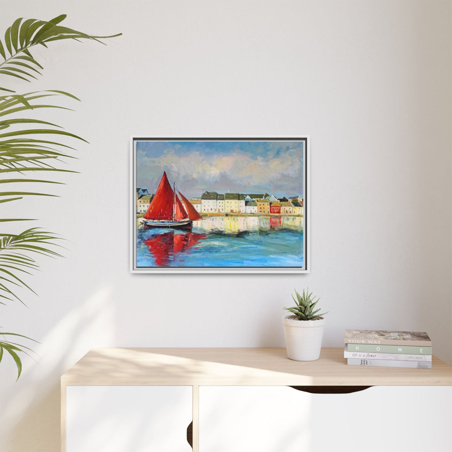 Galway Hooker Leaving Port wall art featuring a Galway Hooker boat sailing in a coastal scene, printed on high-quality canvas with a premium frame.