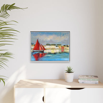 Galway Hooker Leaving Port wall art featuring a Galway Hooker boat sailing in a coastal scene, printed on high-quality canvas with a premium frame.