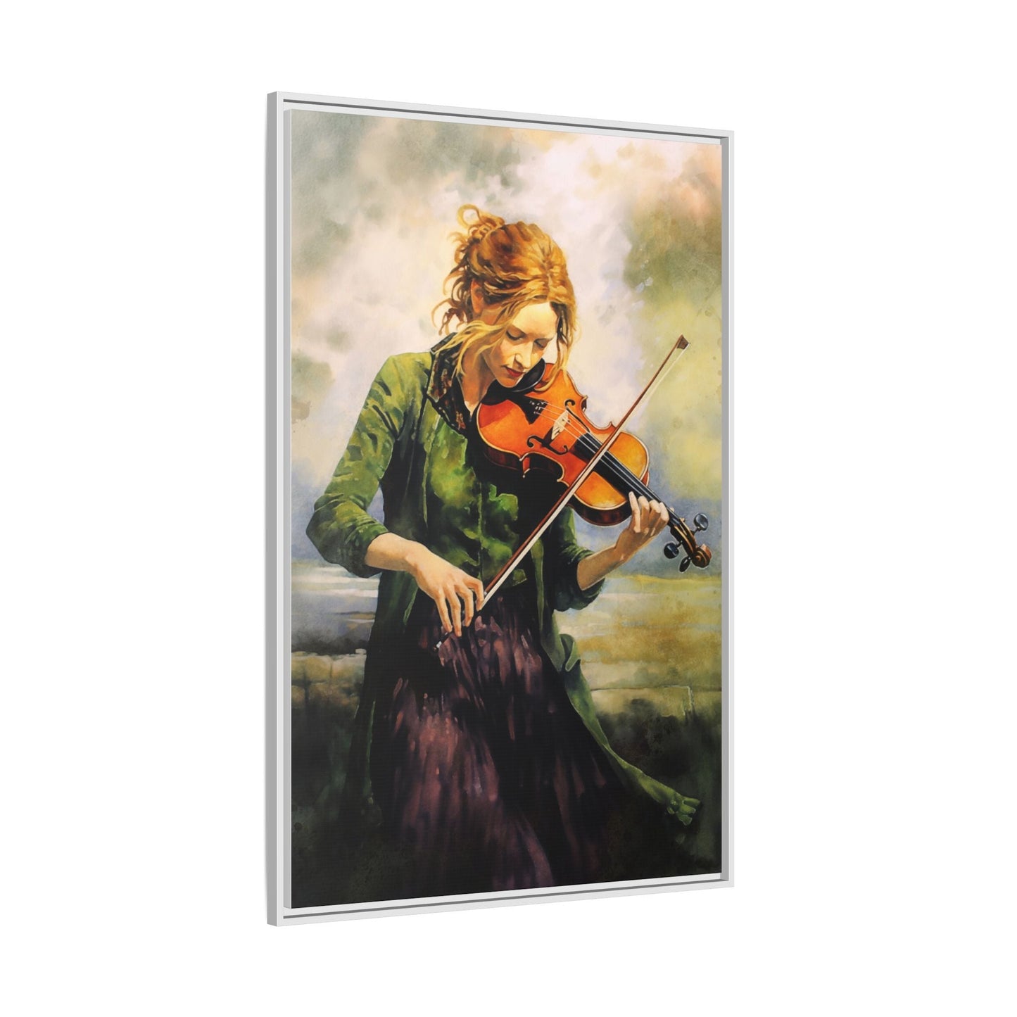 Young Girl with Fiddle wall art featuring a young musician playing the fiddle, printed on high-quality canvas for timeless and elegant décor.