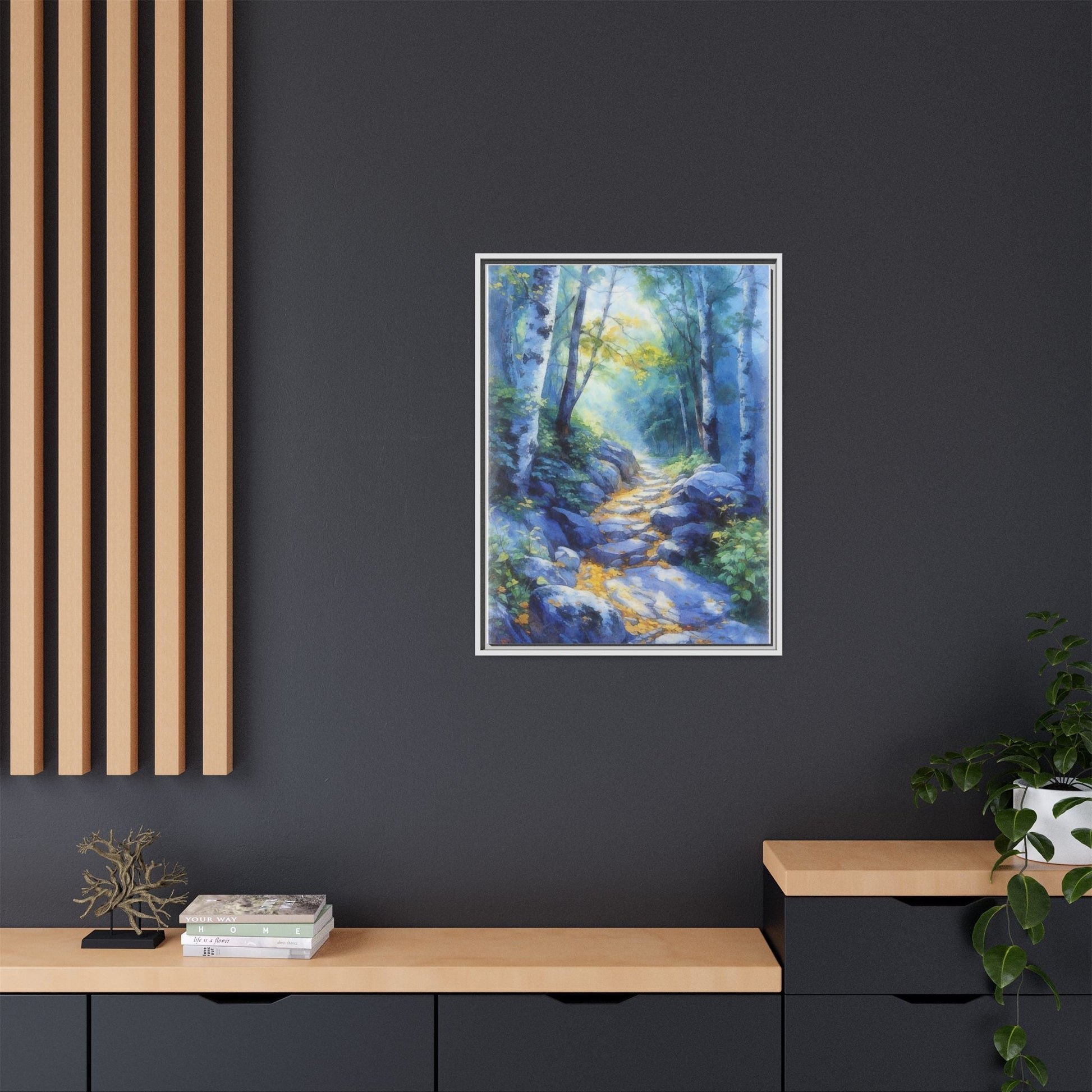 Blue Forest Path II wall art featuring a tranquil forest scene with a serene blue-toned path, printed on high-quality canvas for timeless décor.