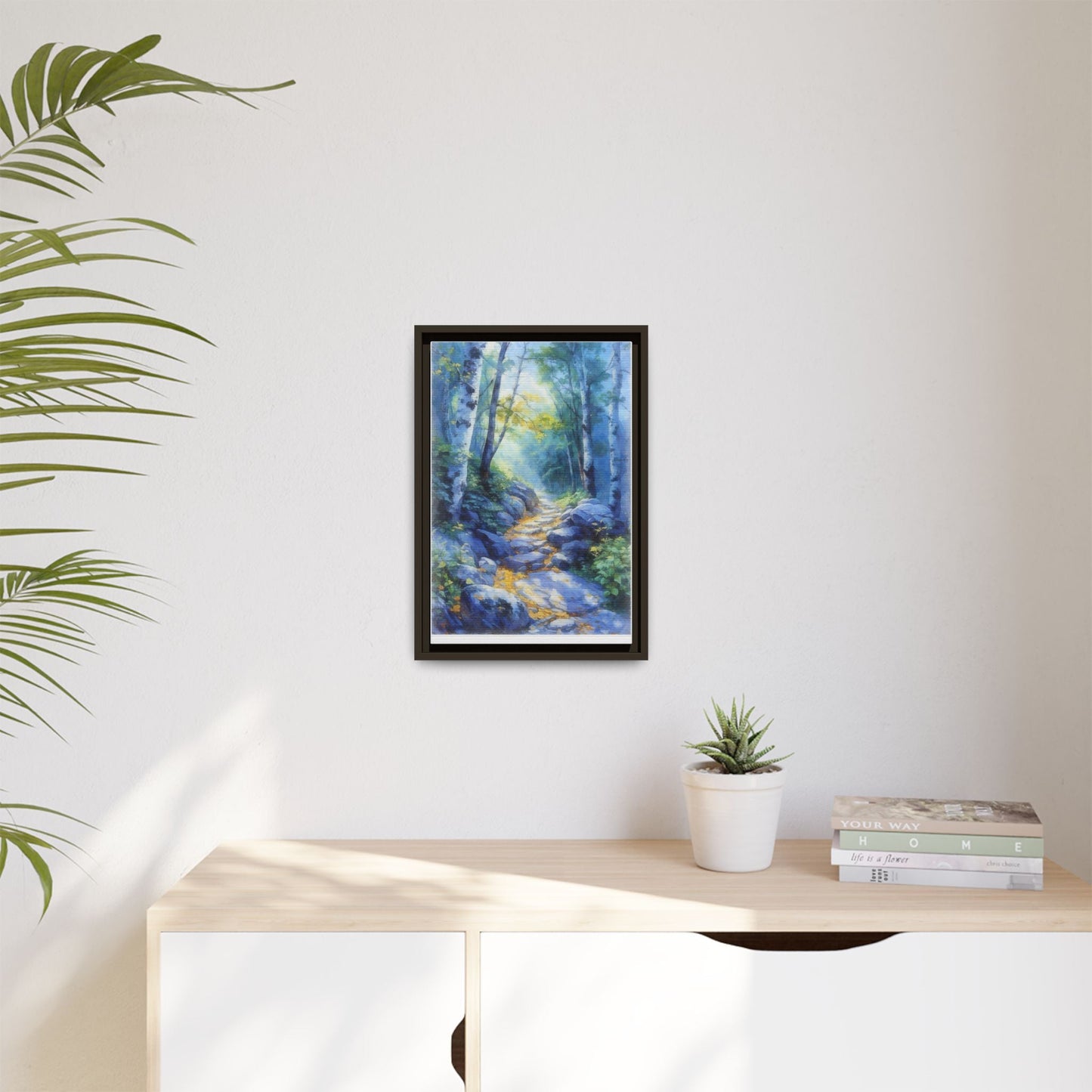 Blue Forest Path II wall art featuring a tranquil forest scene with a serene blue-toned path, printed on high-quality canvas for timeless décor.