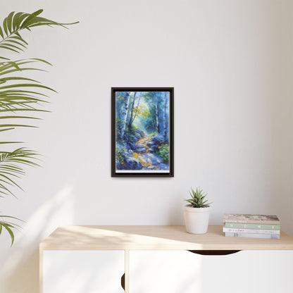 Blue Forest Path II wall art featuring a tranquil forest scene with a serene blue-toned path, printed on high-quality canvas for timeless décor.