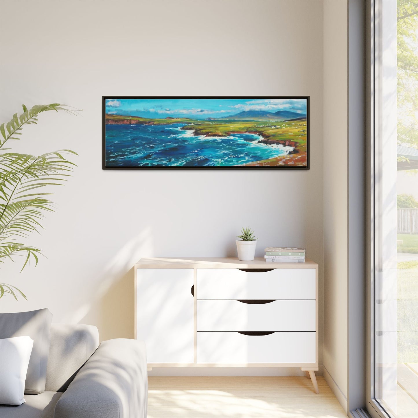 Dingle Peninsula wall art featuring a scenic view of Ireland's rugged coastline, printed on high-quality canvas with a premium frame.