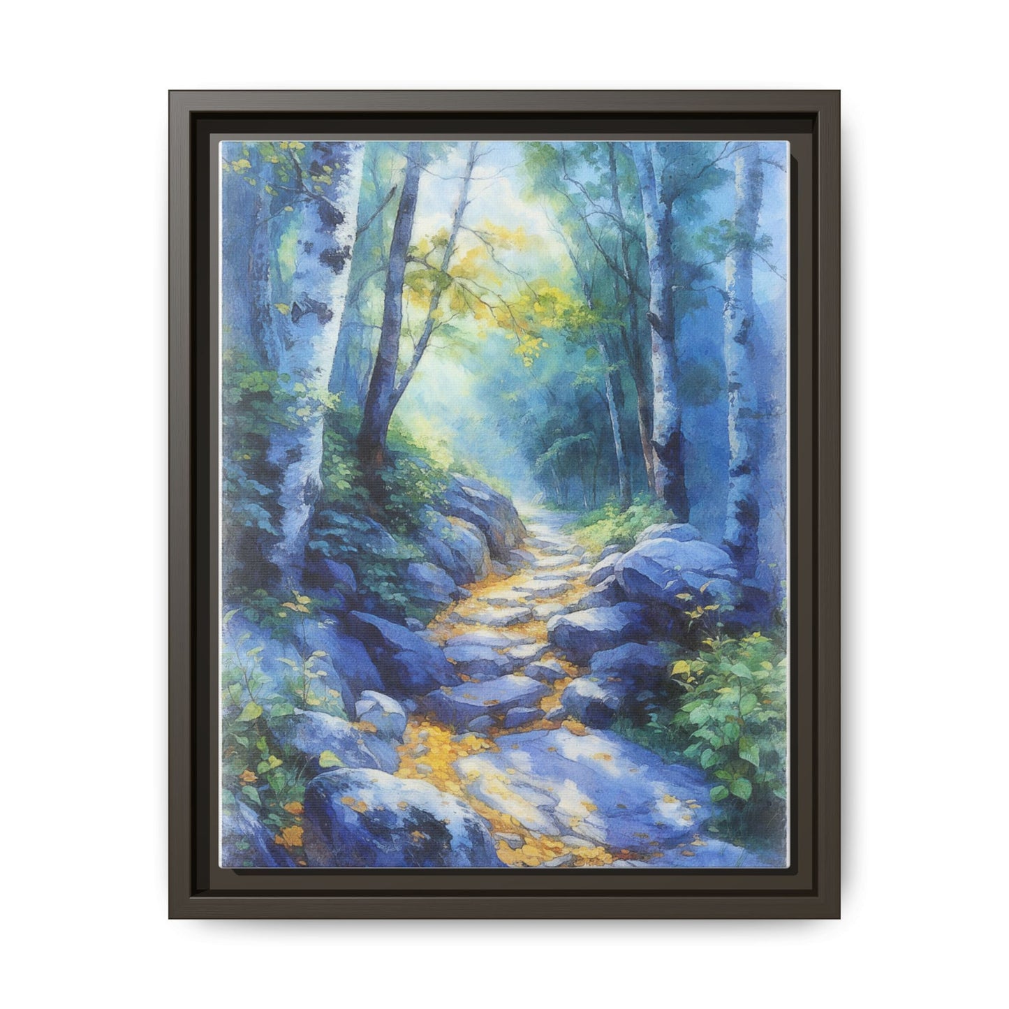 Blue Forest Path II wall art featuring a tranquil forest scene with a serene blue-toned path, printed on high-quality canvas for timeless décor.