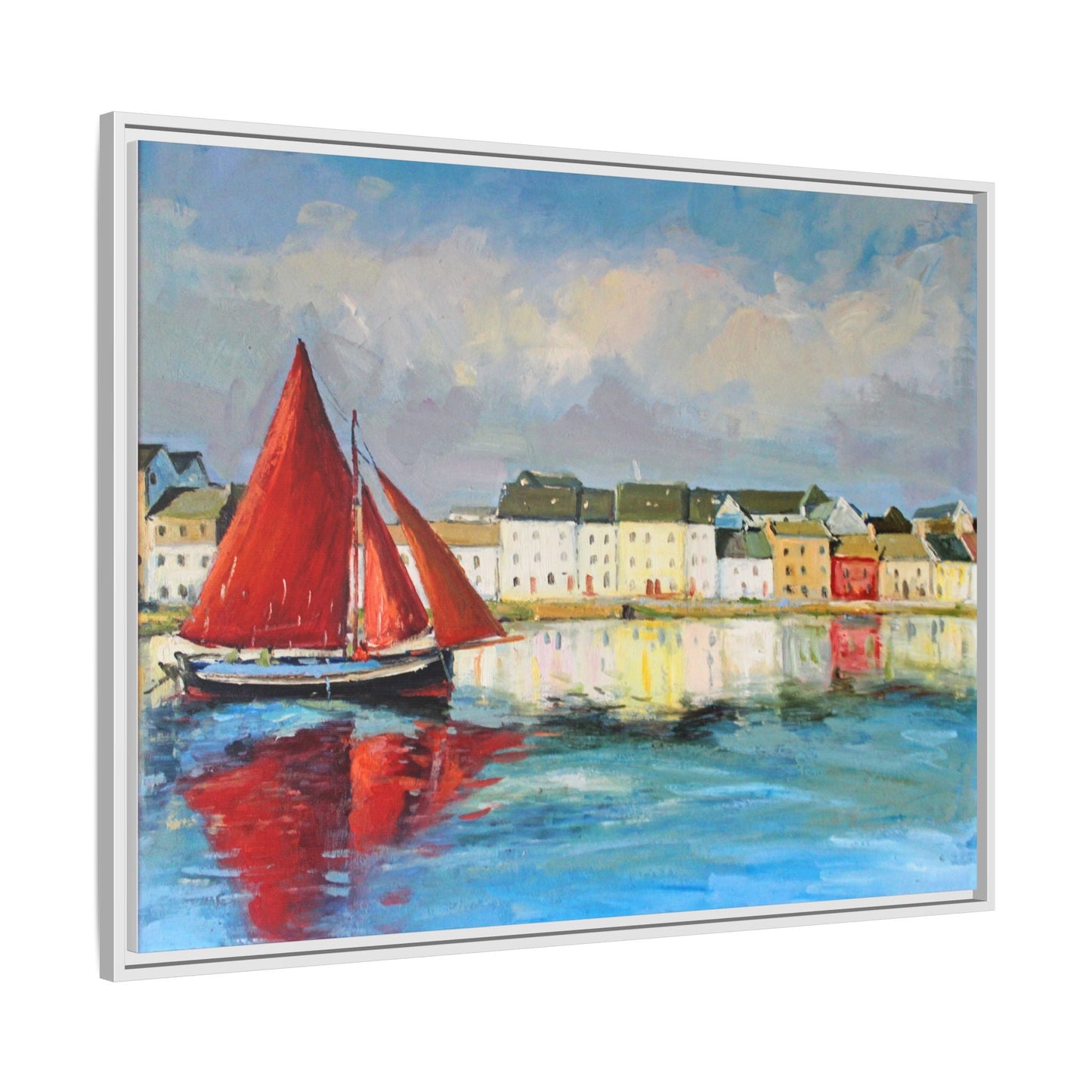 Galway Hooker Leaving Port wall art featuring a Galway Hooker boat sailing in a coastal scene, printed on high-quality canvas with a premium frame.