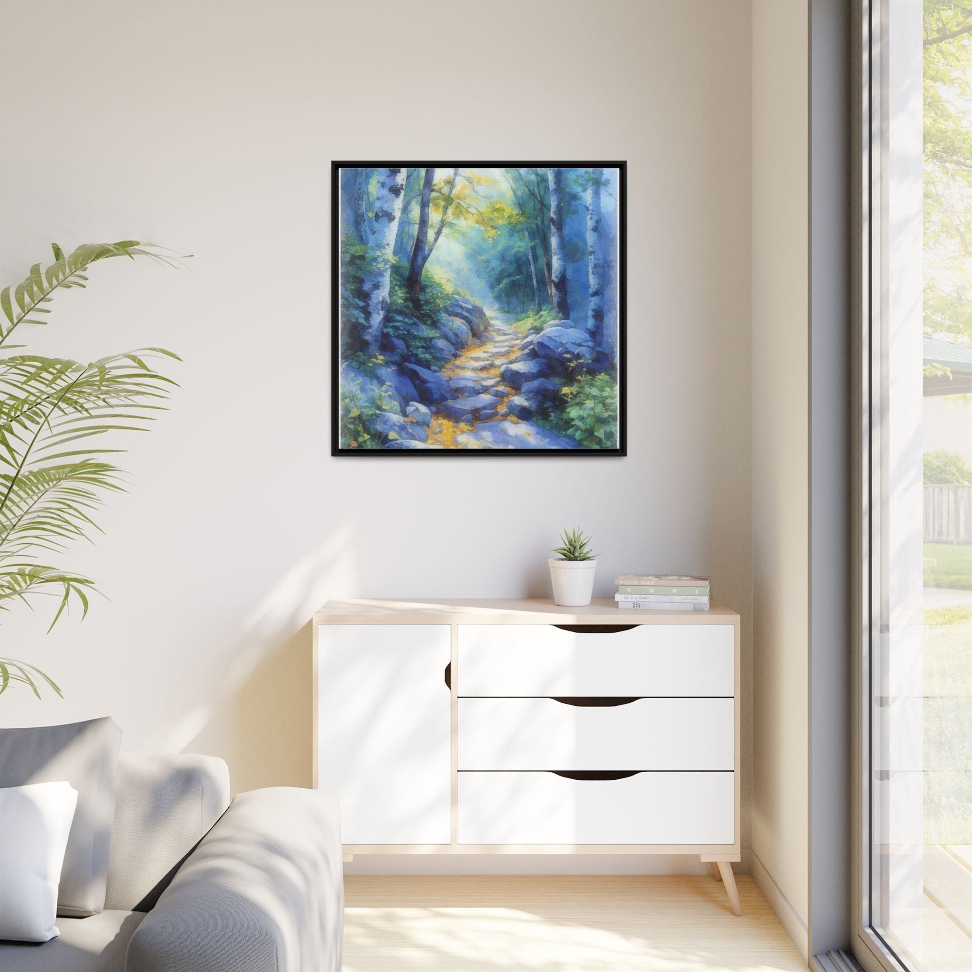 Blue Forest Path II wall art featuring a tranquil forest scene with a serene blue-toned path, printed on high-quality canvas for timeless décor.