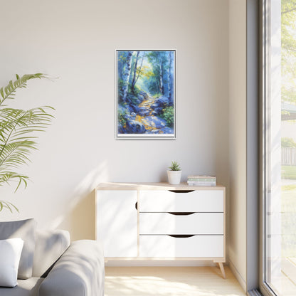 Blue Forest Path II wall art featuring a tranquil forest scene with a serene blue-toned path, printed on high-quality canvas for timeless décor.