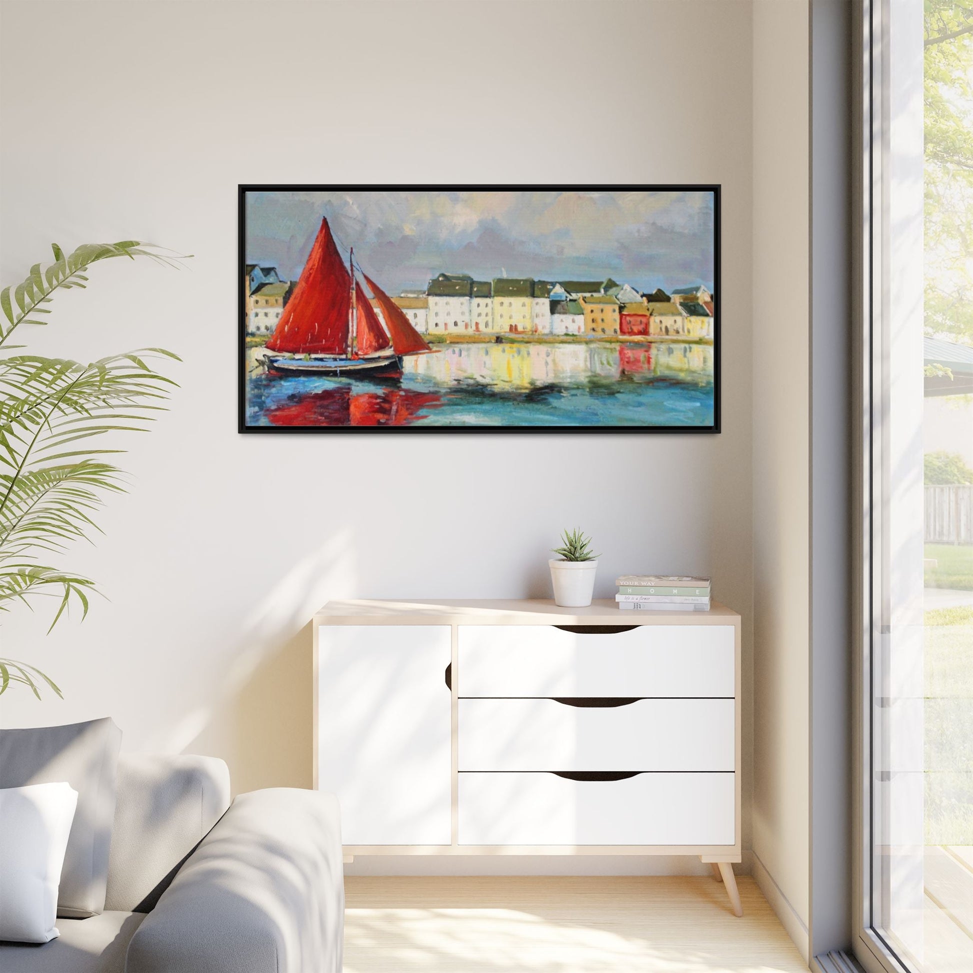 Galway Hooker Leaving Port wall art featuring a Galway Hooker boat sailing in a coastal scene, printed on high-quality canvas with a premium frame.