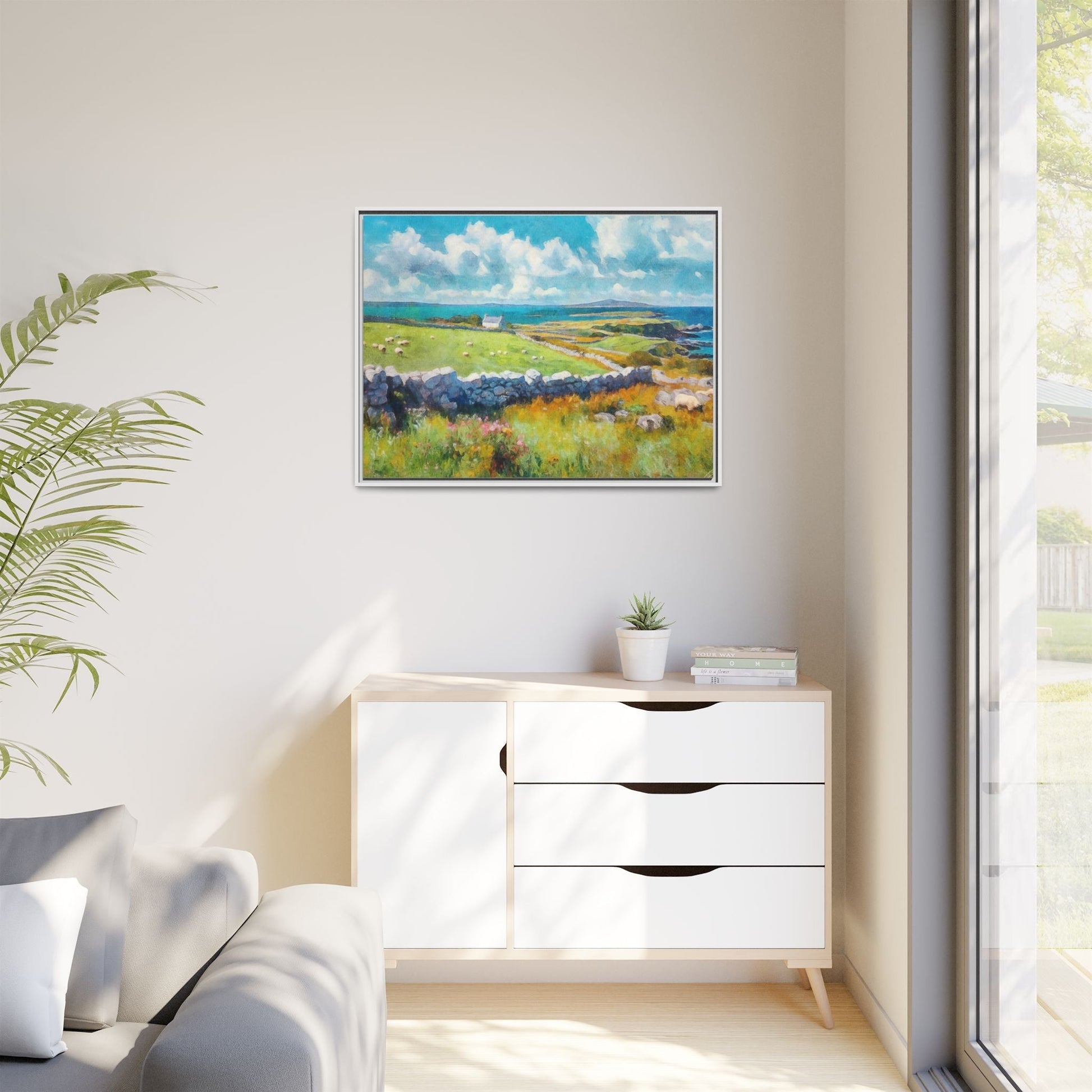 Far Flung Shores W.COL wall art featuring a serene coastal landscape, printed on high-quality canvas with a premium pinewood frame.