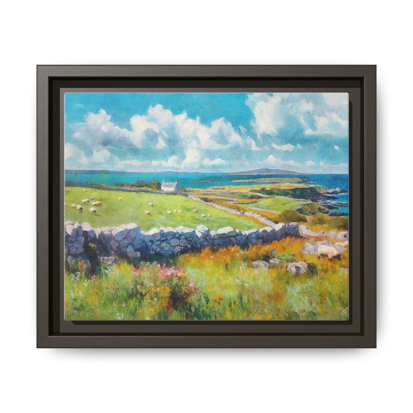 Far Flung Shores W.COL wall art featuring a serene coastal landscape, printed on high-quality canvas with a premium pinewood frame.