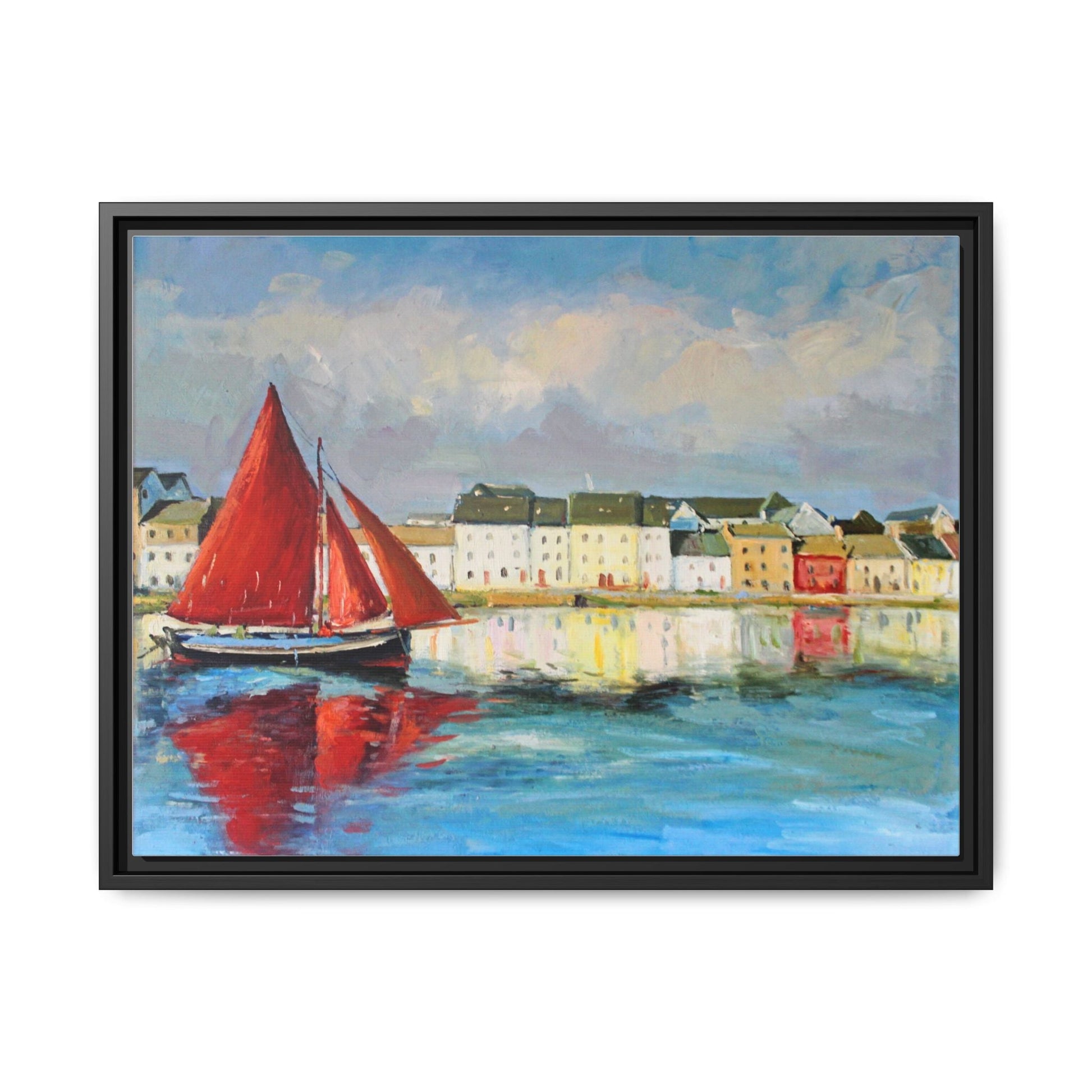 Galway Hooker Leaving Port wall art featuring a Galway Hooker boat sailing in a coastal scene, printed on high-quality canvas with a premium frame.