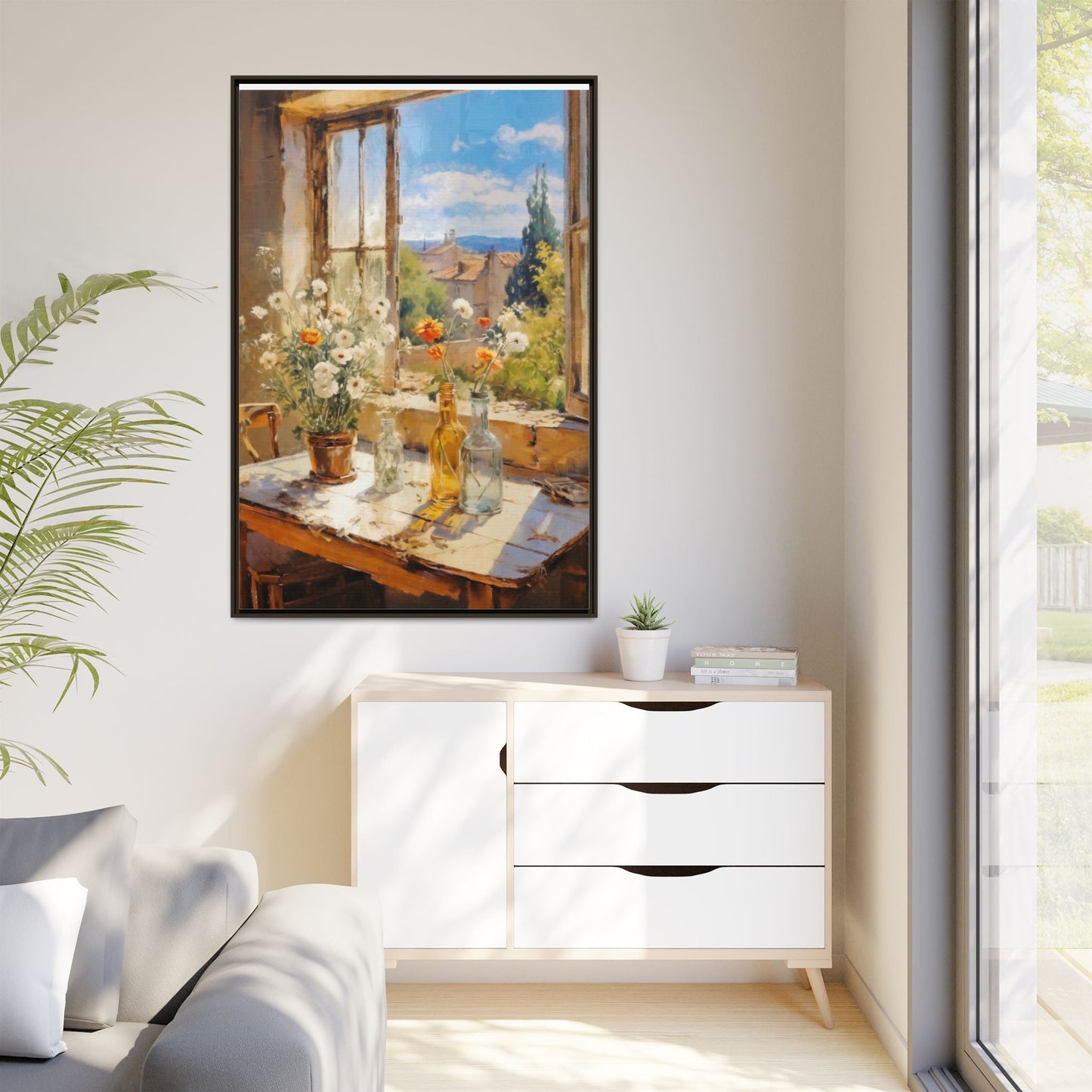 Summer Window – Elegant pinewood-framed wall art featuring a high-quality cotton-polyester canvas with vibrant colors and a timeless design.