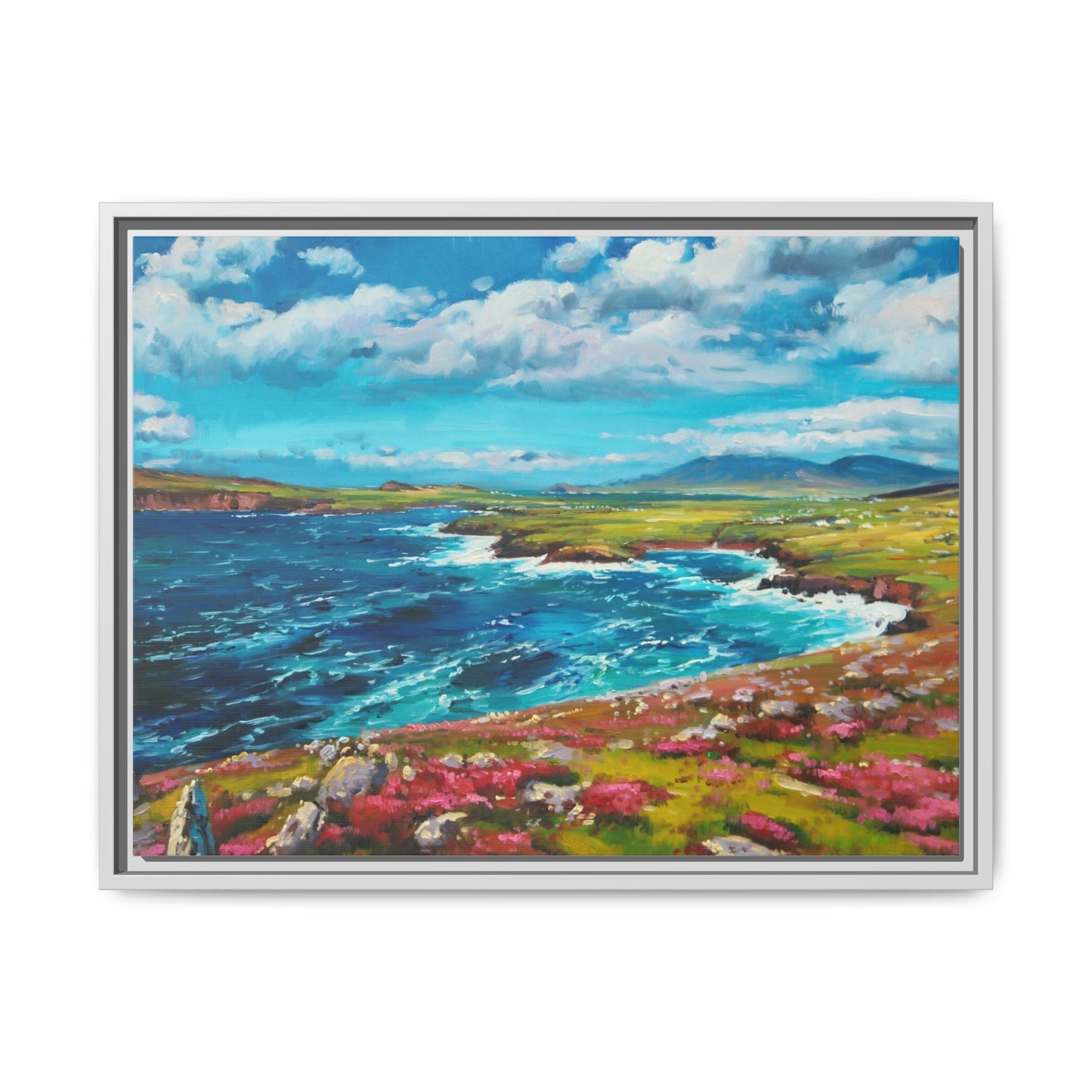 Dingle Peninsula wall art featuring a scenic view of Ireland's rugged coastline, printed on high-quality canvas with a premium frame.