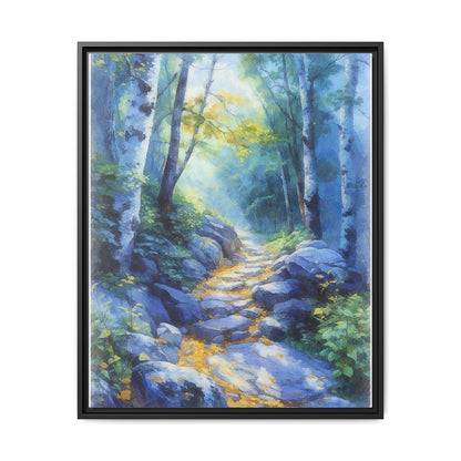 Blue Forest Path II wall art featuring a tranquil forest scene with a serene blue-toned path, printed on high-quality canvas for timeless décor.