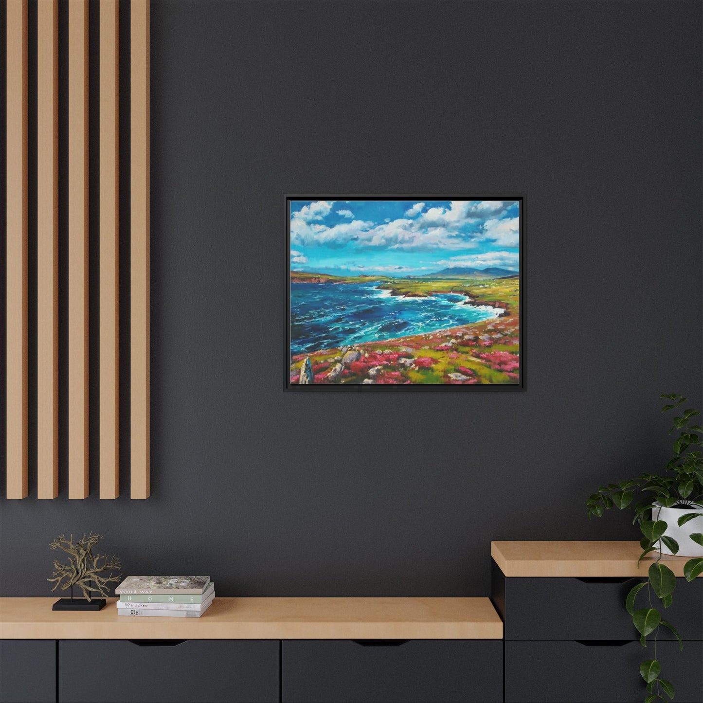 Dingle Peninsula wall art featuring a scenic view of Ireland's rugged coastline, printed on high-quality canvas with a premium frame.