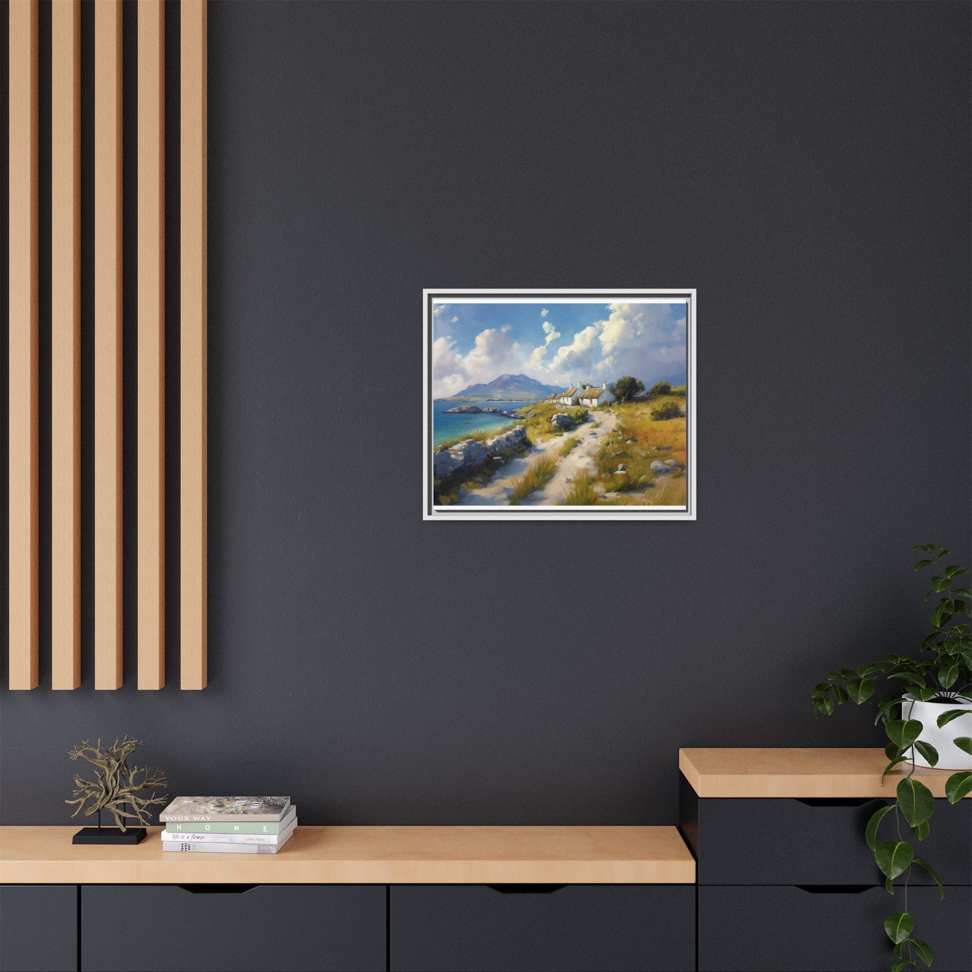 Blustery Day wall art featuring a dramatic wind-swept landscape in a pinewood frame.