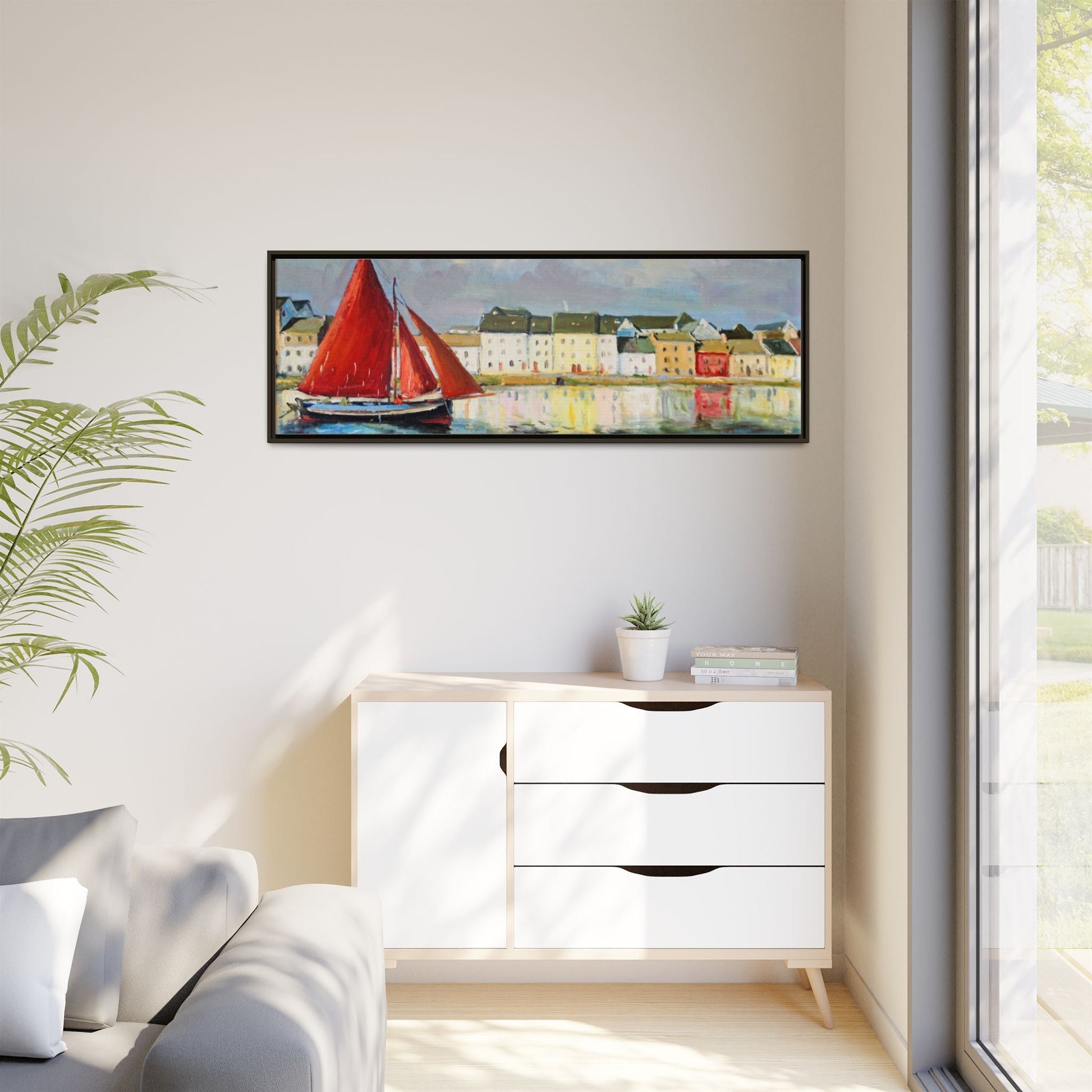 Galway Hooker Leaving Port wall art featuring a Galway Hooker boat sailing in a coastal scene, printed on high-quality canvas with a premium frame.