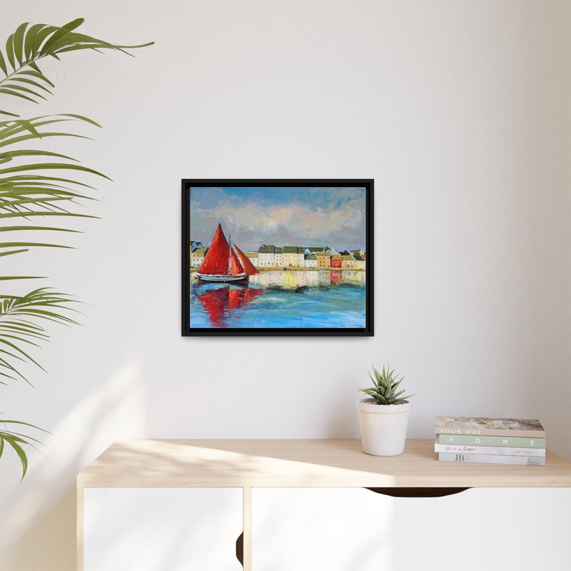 Galway Hooker Leaving Port wall art featuring a Galway Hooker boat sailing in a coastal scene, printed on high-quality canvas with a premium frame.