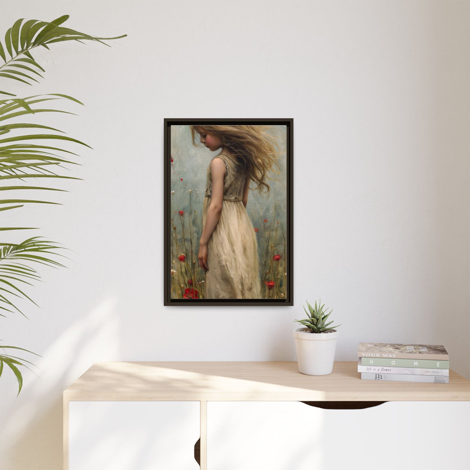 Young Girl In Flowers – Elegant pinewood-framed wall art featuring a high-quality cotton-polyester canvas with vibrant colors and a timeless design.