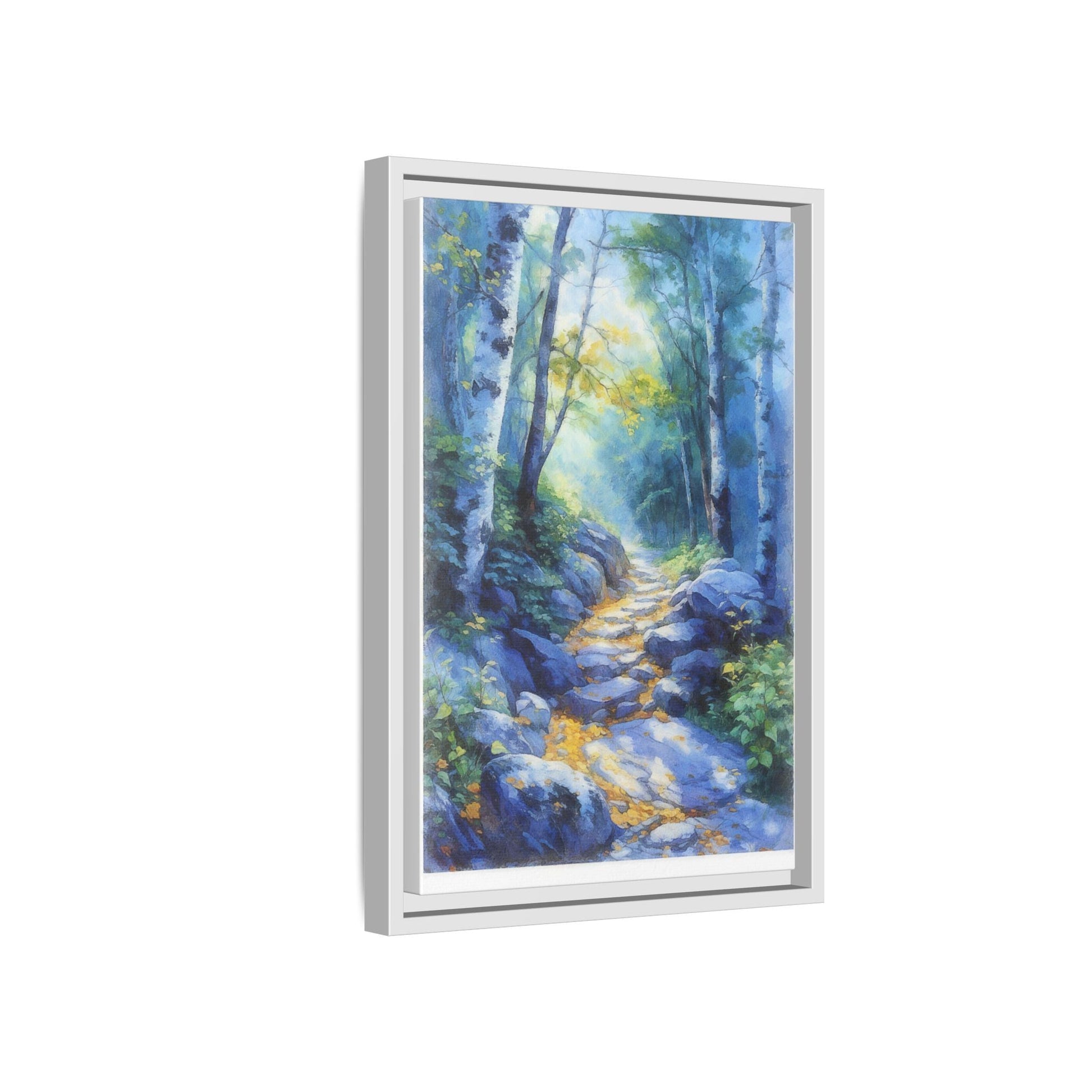 Blue Forest Path II wall art featuring a tranquil forest scene with a serene blue-toned path, printed on high-quality canvas for timeless décor.