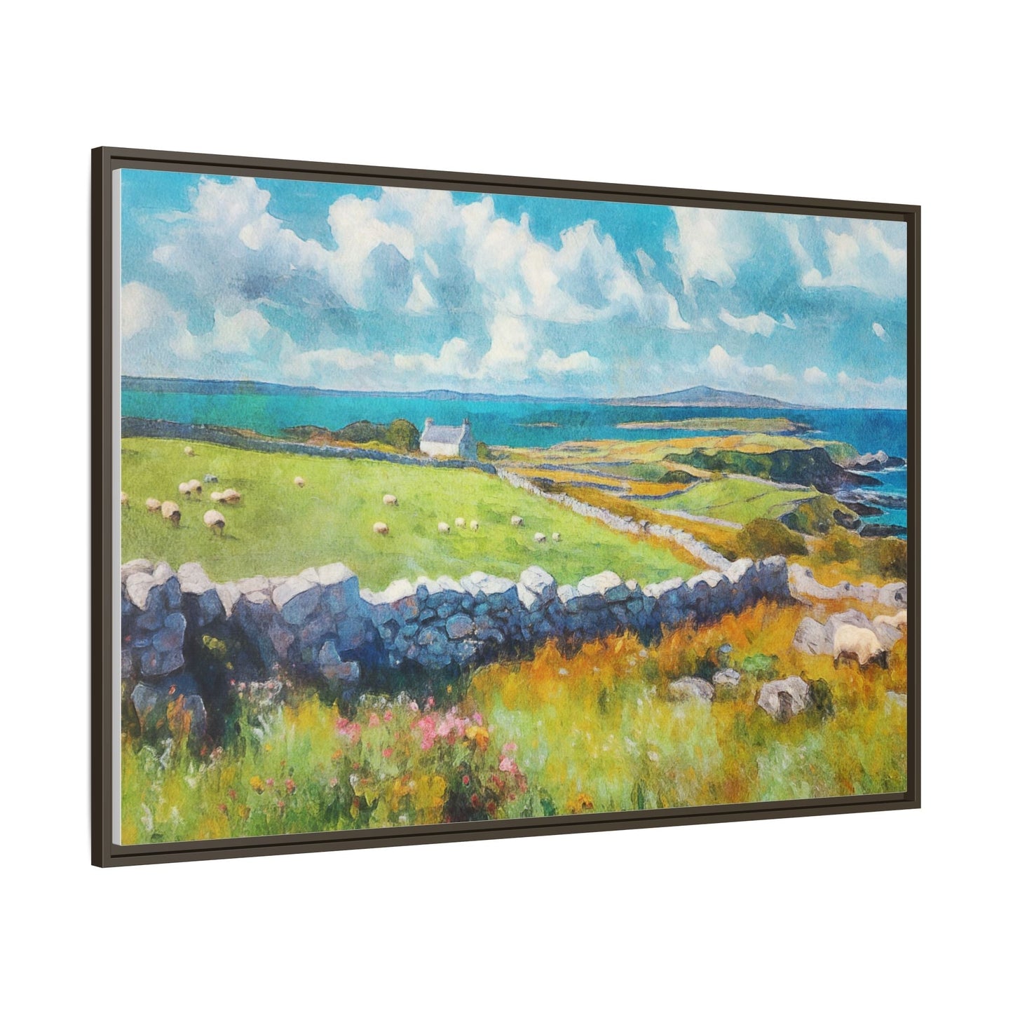 Far Flung Shores W.COL wall art featuring a serene coastal landscape, printed on high-quality canvas with a premium pinewood frame.