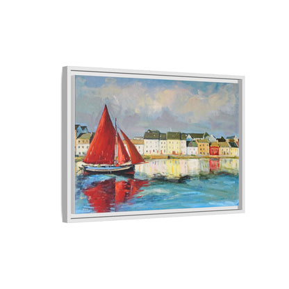 Galway Hooker Leaving Port wall art featuring a Galway Hooker boat sailing in a coastal scene, printed on high-quality canvas with a premium frame.