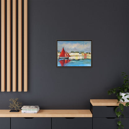 Galway Hooker Leaving Port wall art featuring a Galway Hooker boat sailing in a coastal scene, printed on high-quality canvas with a premium frame.