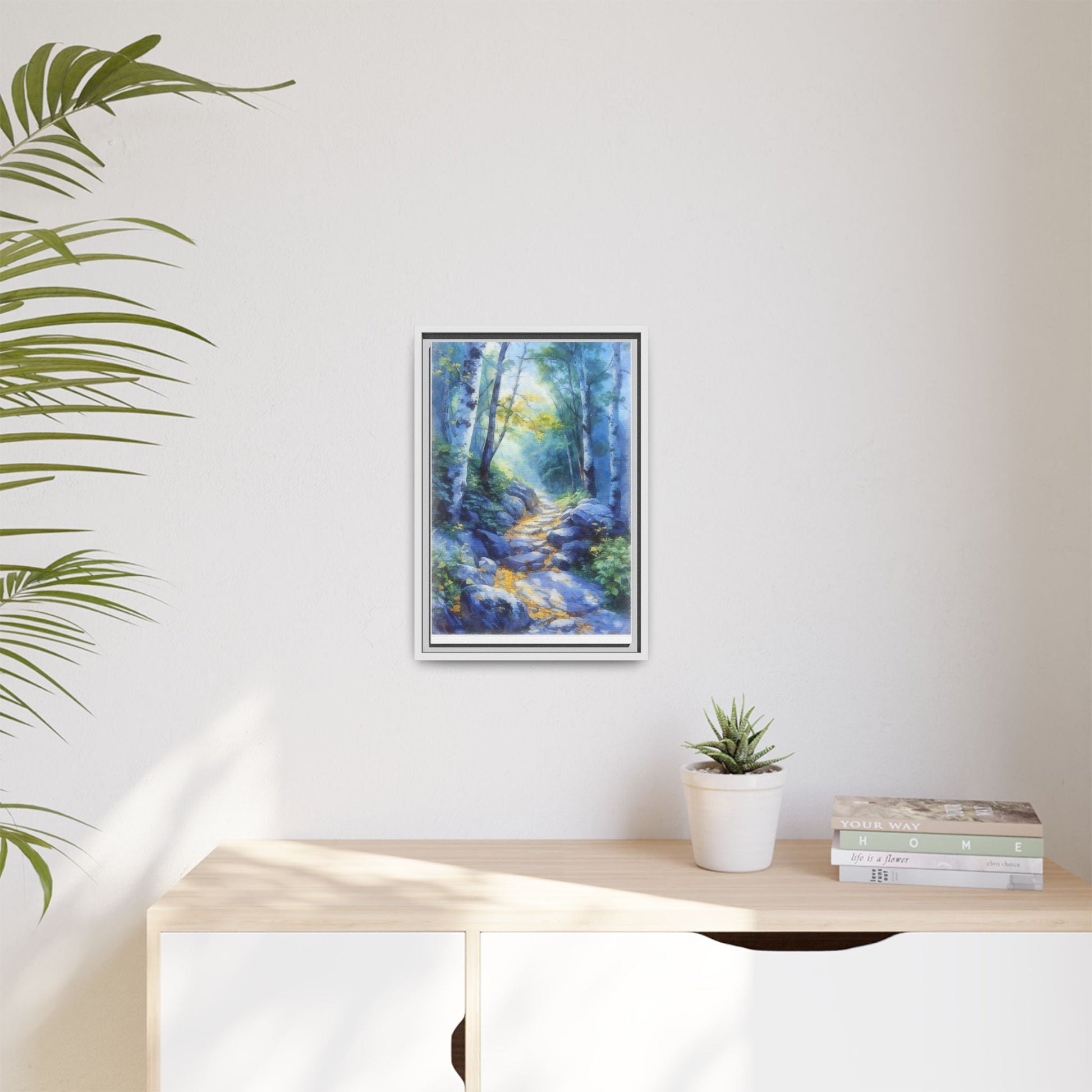 Blue Forest Path II wall art featuring a tranquil forest scene with a serene blue-toned path, printed on high-quality canvas for timeless décor.