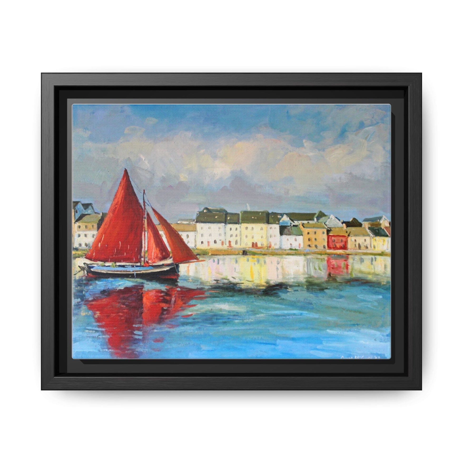 Galway Hooker Leaving Port wall art featuring a Galway Hooker boat sailing in a coastal scene, printed on high-quality canvas with a premium frame.