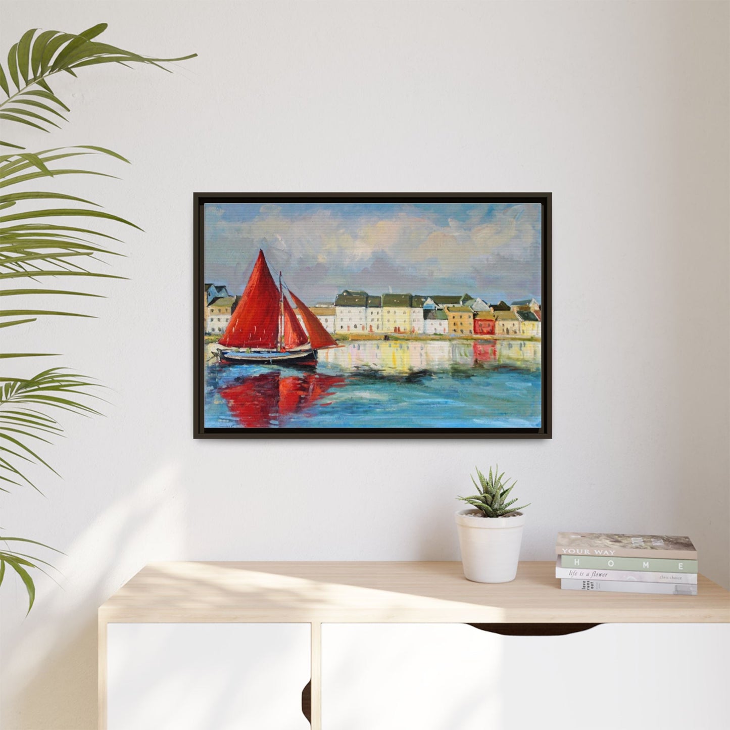 Galway Hooker Leaving Port wall art featuring a Galway Hooker boat sailing in a coastal scene, printed on high-quality canvas with a premium frame.