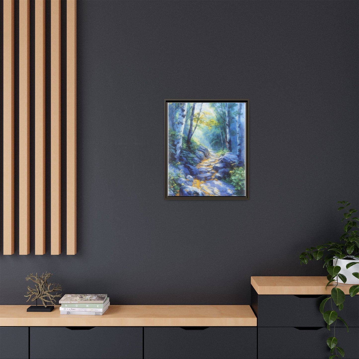 Blue Forest Path II wall art featuring a tranquil forest scene with a serene blue-toned path, printed on high-quality canvas for timeless décor.