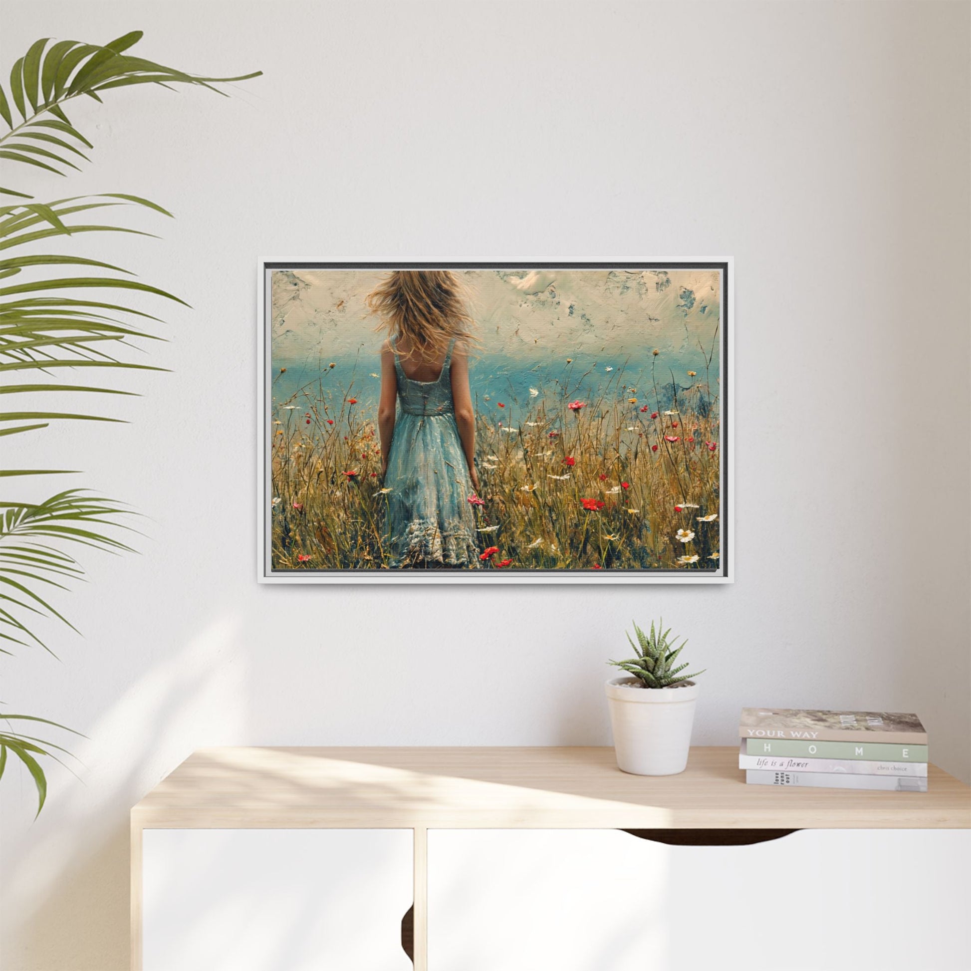 Young Girl Looking Out To Sea wall art, featuring a peaceful ocean view and a young girl in contemplation, printed on high-quality canvas for timeless décor.