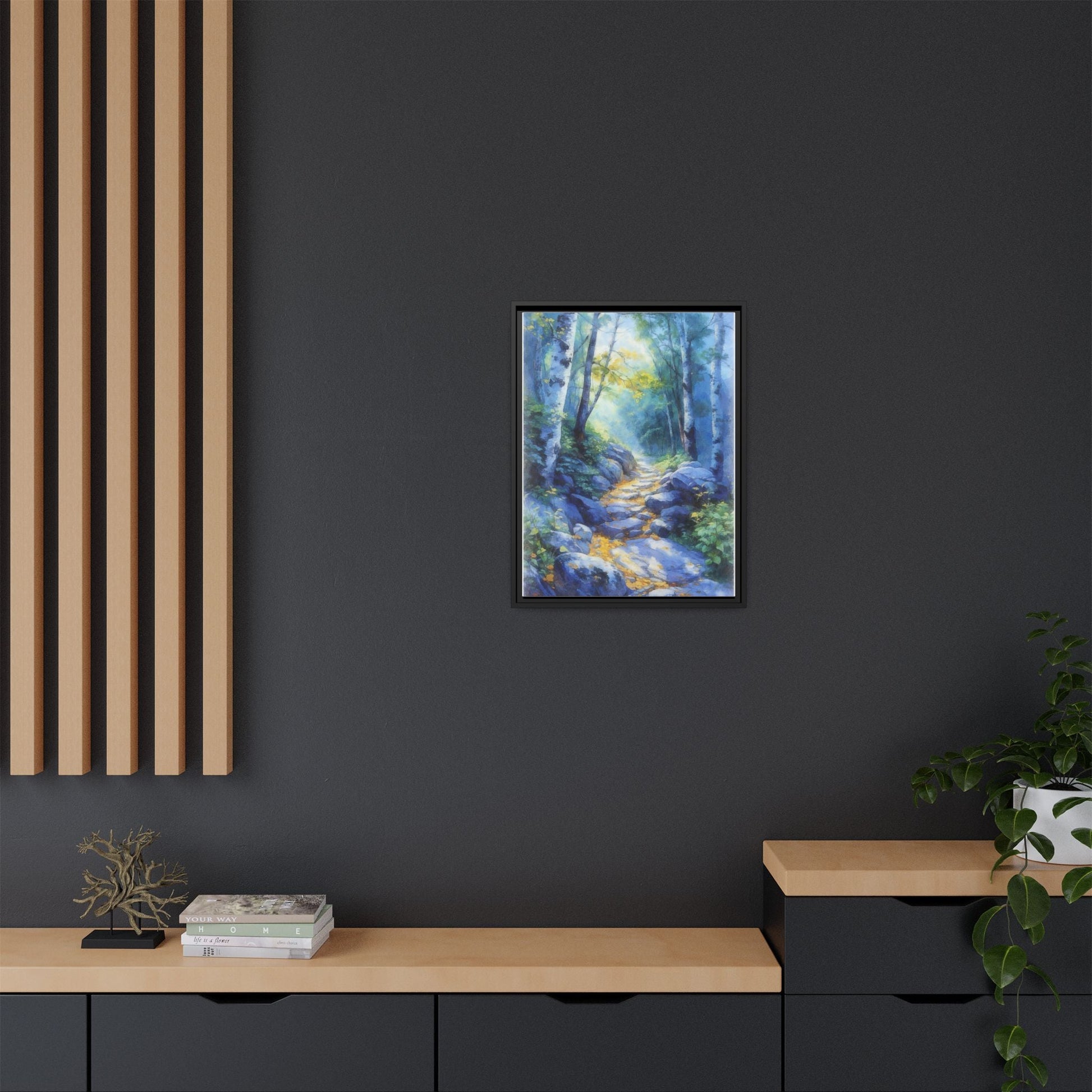 Blue Forest Path II wall art featuring a tranquil forest scene with a serene blue-toned path, printed on high-quality canvas for timeless décor.