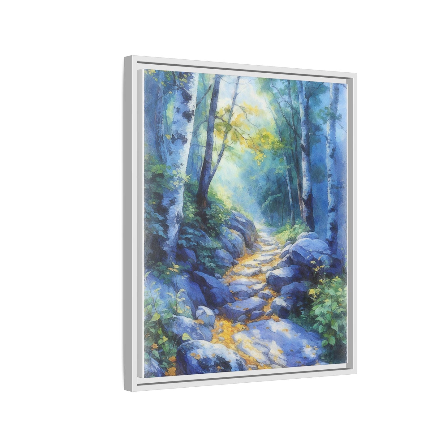 Blue Forest Path II wall art featuring a tranquil forest scene with a serene blue-toned path, printed on high-quality canvas for timeless décor.