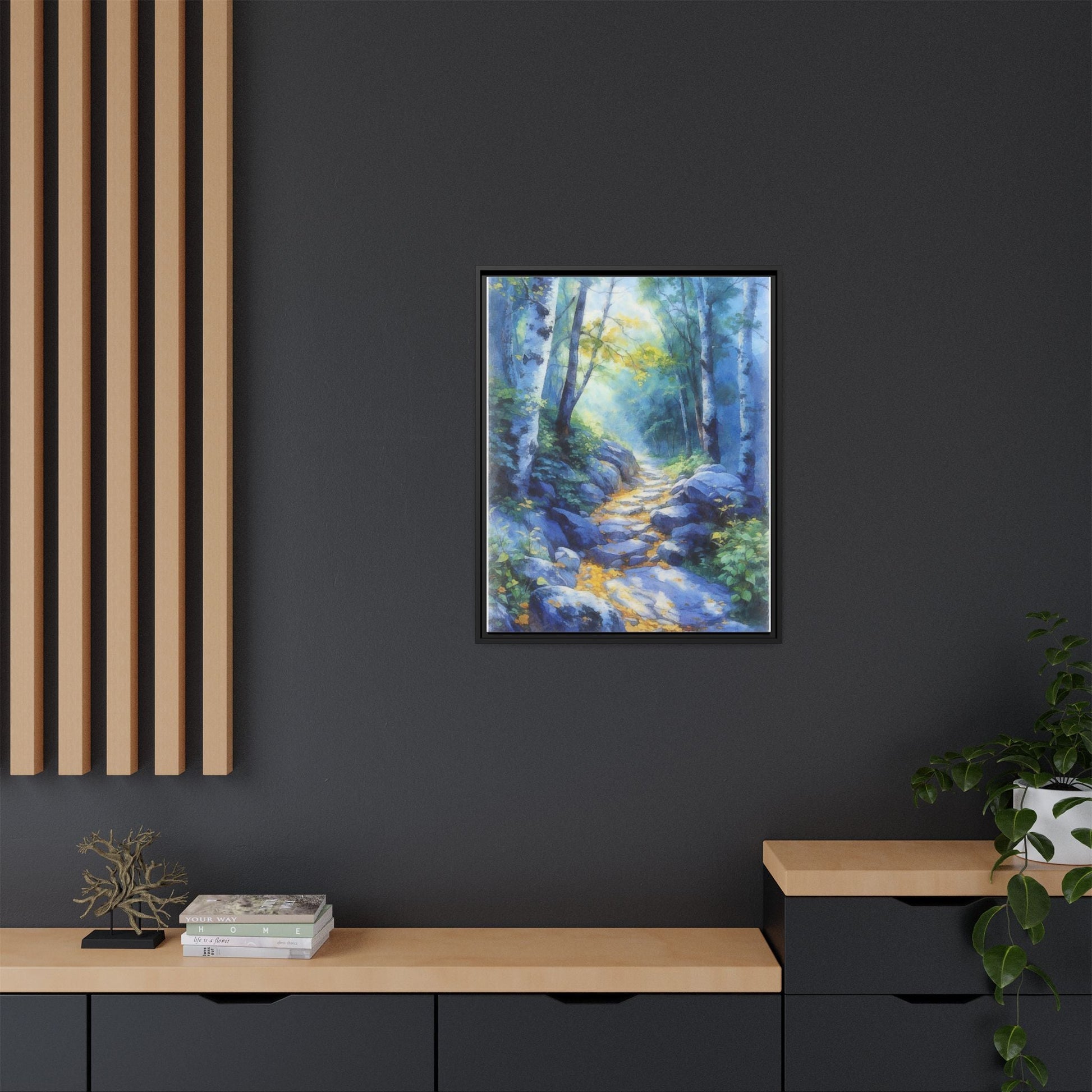 Blue Forest Path II wall art featuring a tranquil forest scene with a serene blue-toned path, printed on high-quality canvas for timeless décor.