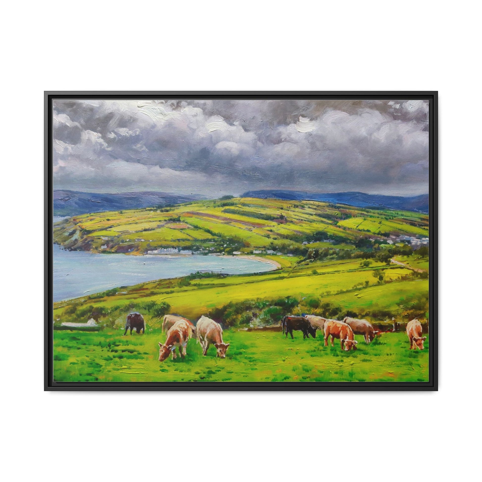 Cushendun Hills wall art showcasing rolling hills and scenic Irish landscapes, framed in high-quality materials for an elegant look.