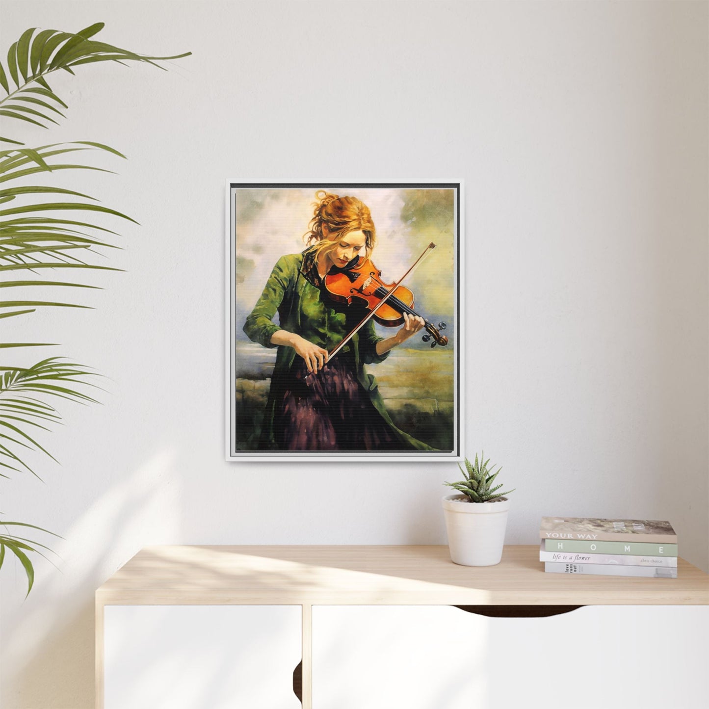 Young Girl with Fiddle wall art featuring a young musician playing the fiddle, printed on high-quality canvas for timeless and elegant décor.