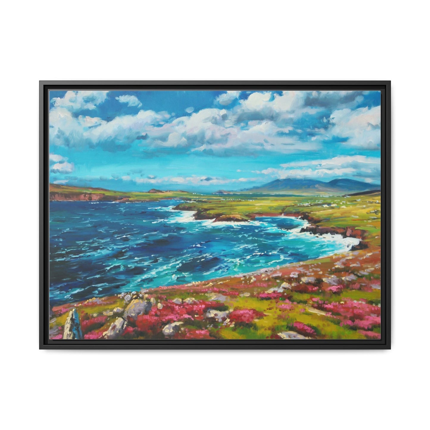 Dingle Peninsula wall art featuring a scenic view of Ireland's rugged coastline, printed on high-quality canvas with a premium frame.